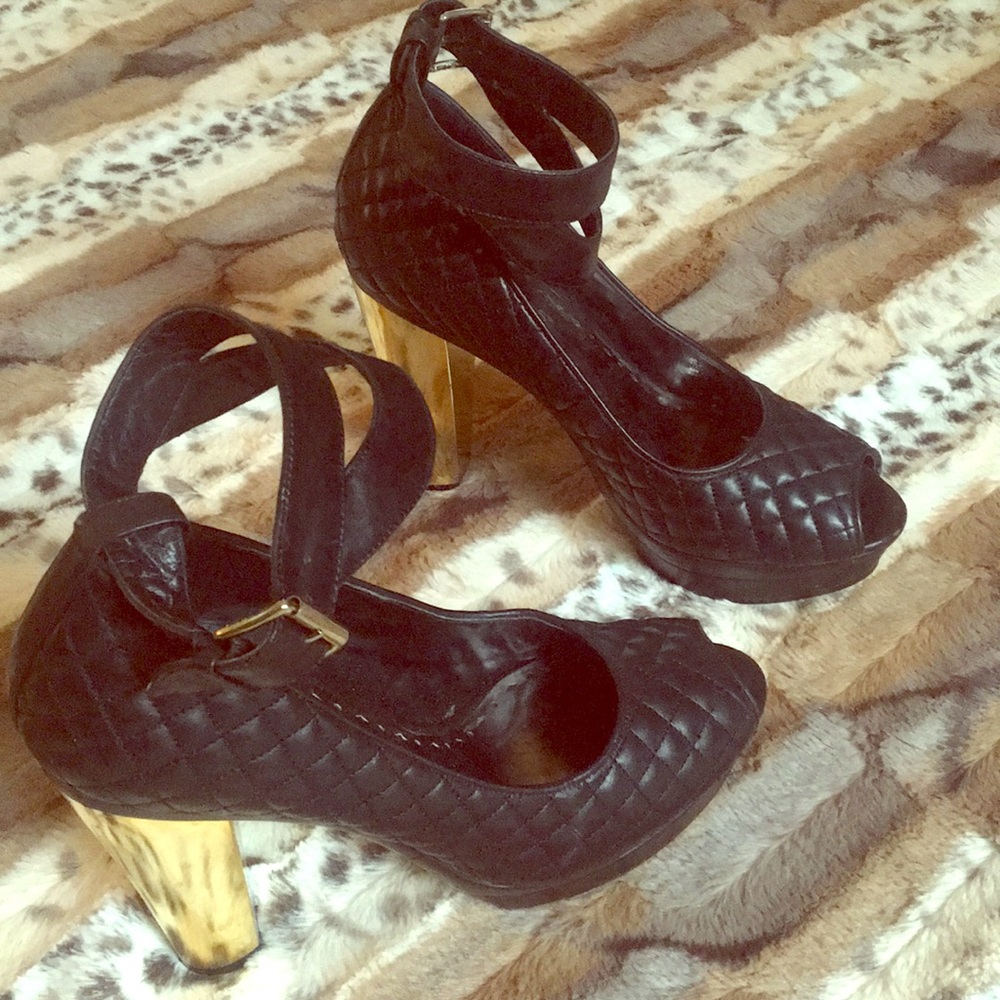 BCBG black quilted platforms with gold heels